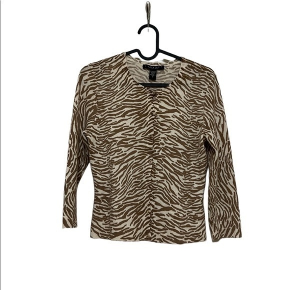 NWOT LAUNDRY by Shelli Segal 100% cashmere tan zebra print cardigan sweater S